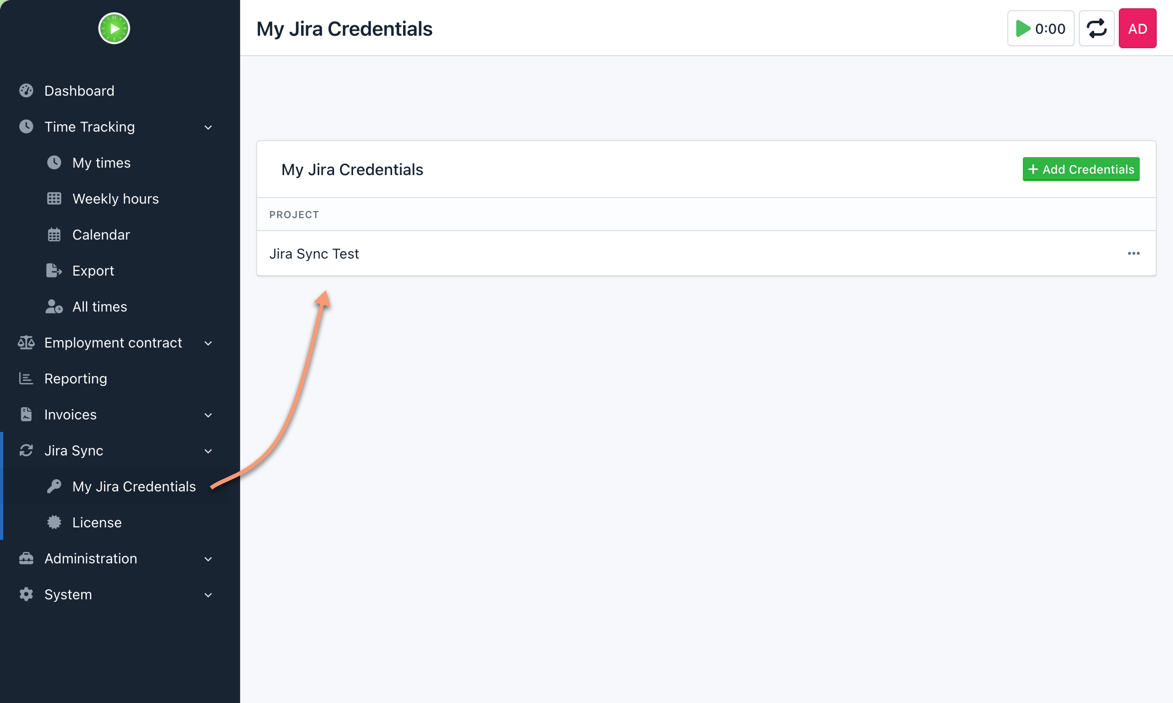 Kimai screen for managing Jira credentials