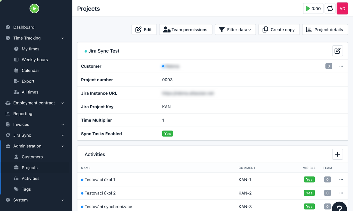 Kimai project details with Jira sync settings